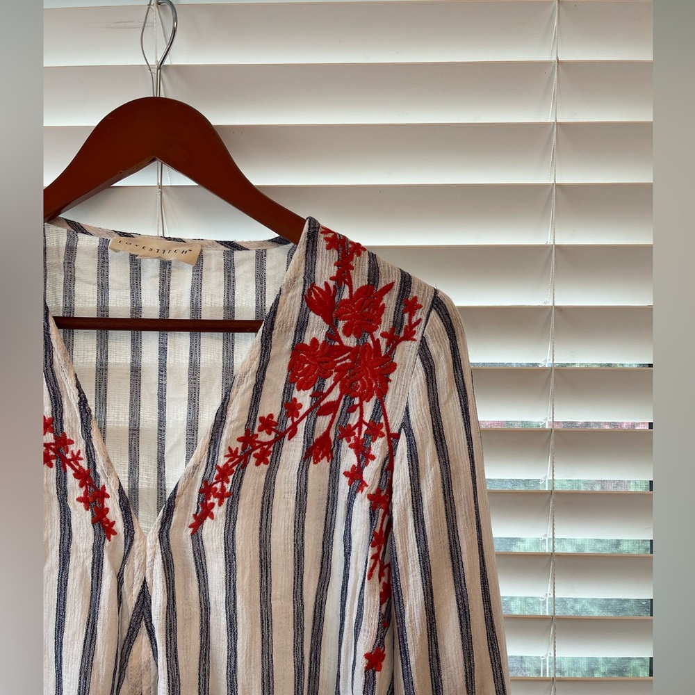 NEW LoveStitch Red Embroidered Blue + White Striped Blouse with Waist Tie